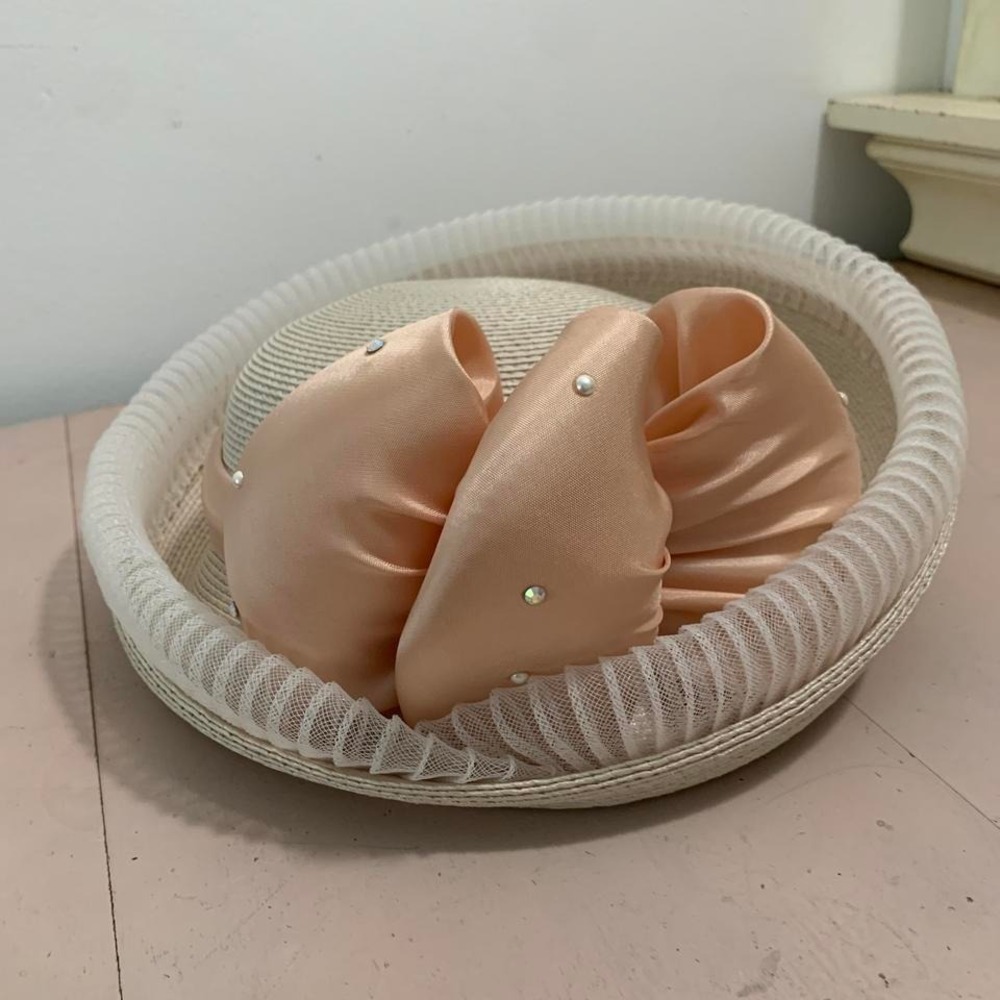 Vintage pink satin bow derby hat with rhinestones